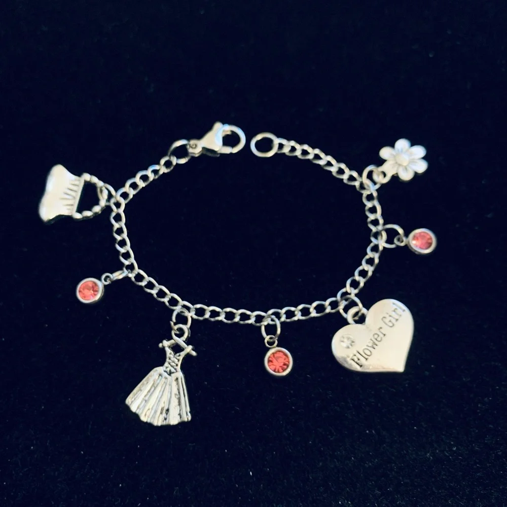 Flower Girl Charm Bracelet with pink rhinestone charms